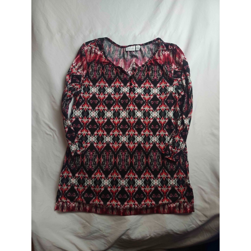 Kim Rogers Blouse Top Womens Size PM Red Geometric V-Neck Tunic Long Sleeve